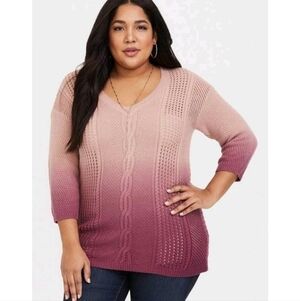 Torrid Blush Ombre V-Neck Dip Dye Cable Knit Tunic Sweater Pink to Plum Size 0